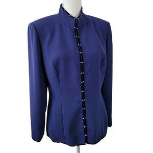 Vintage Donna Morgan Evening Jacket Rhinestone Trim Navy Blue Sz 10 High Neck
